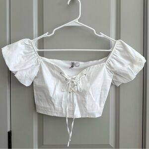 H&M White Lace-Up Puff Sleeve Blouse